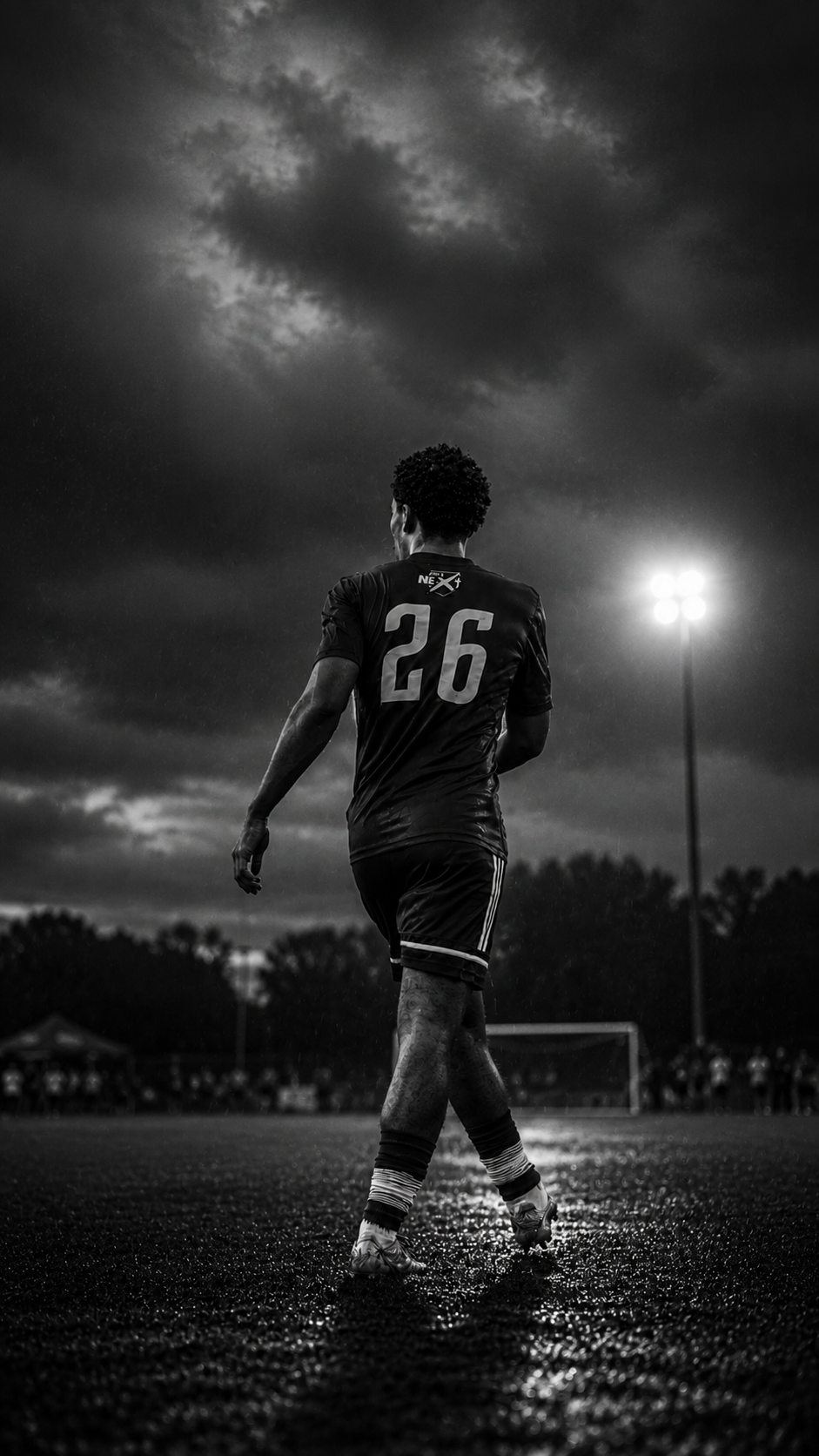 Player walking onto a floodlit pitch wearing number 26
